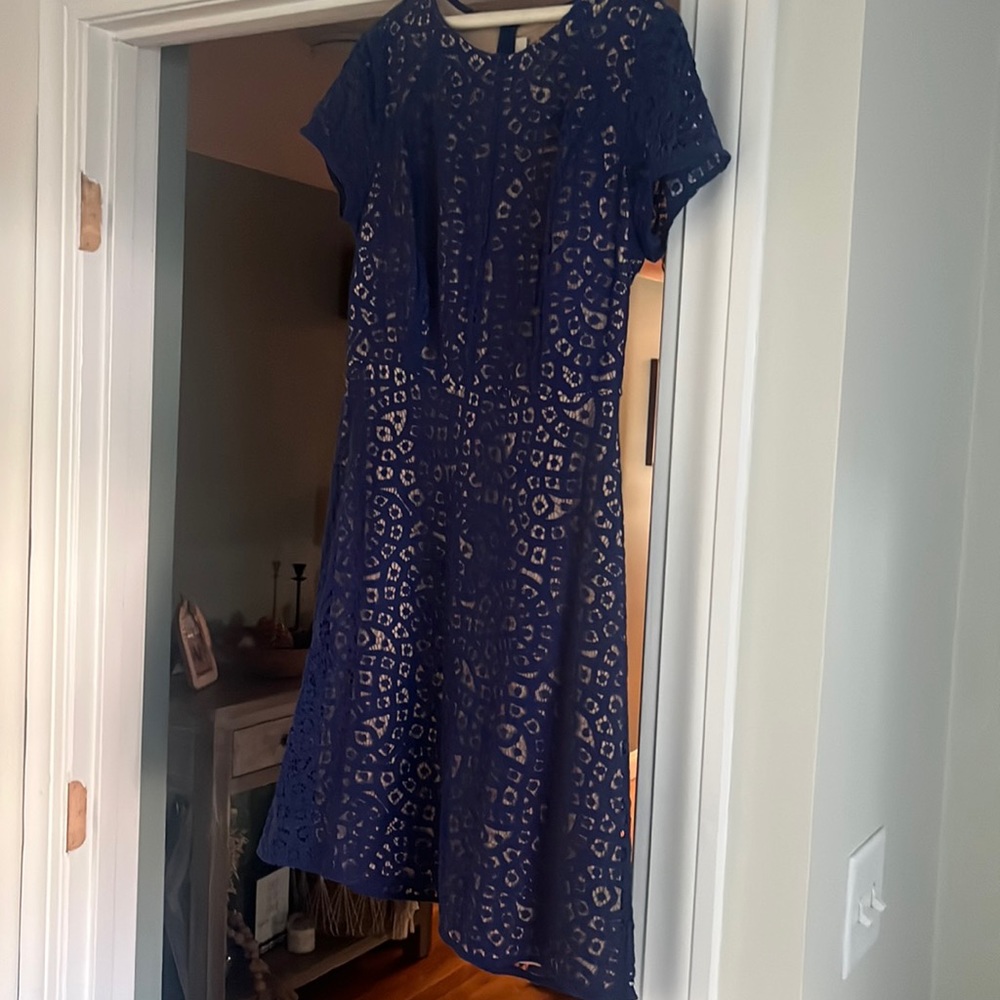 Blue eyelet dress with nude slip.